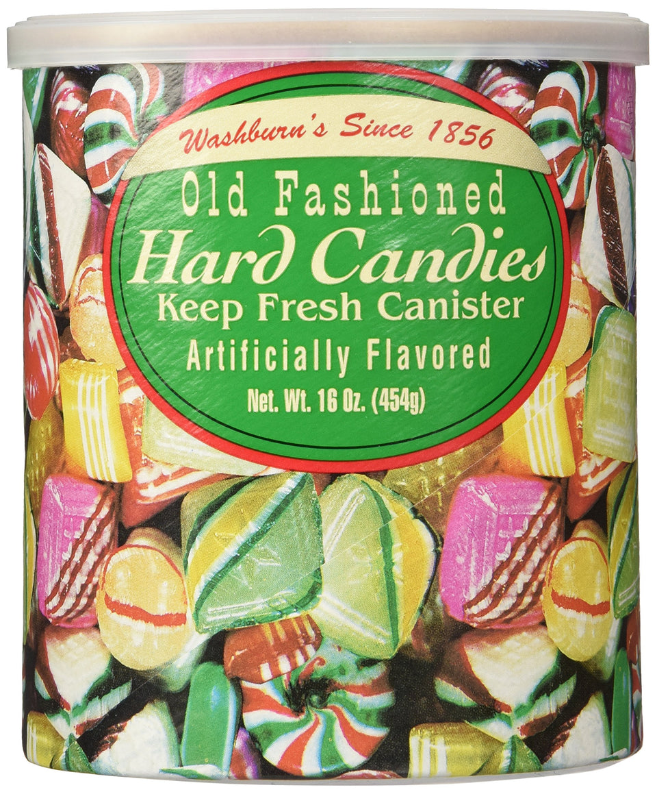 Washburn's Old Fashioned Candies 16 oz canister front view for gifting.