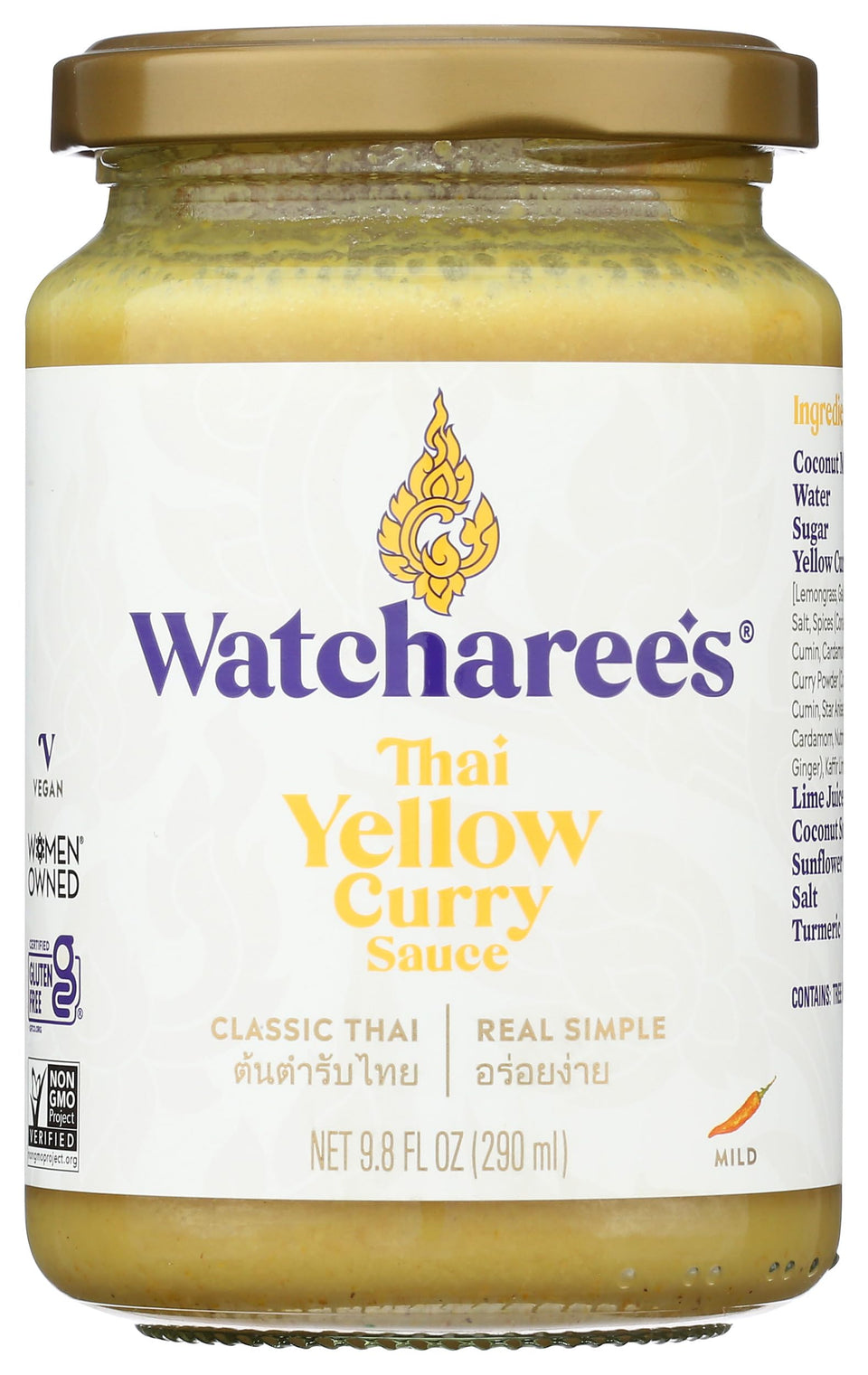WATCHAREE'S Thai Yellow Curry Sauce jar ready for pantry and quick meals.
