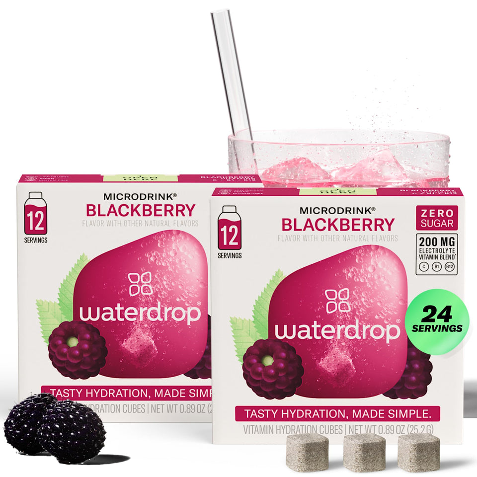 Waterdrop Hydration Cubes Blackberry dissolving in a glass of water for a sugar-free flavor boost