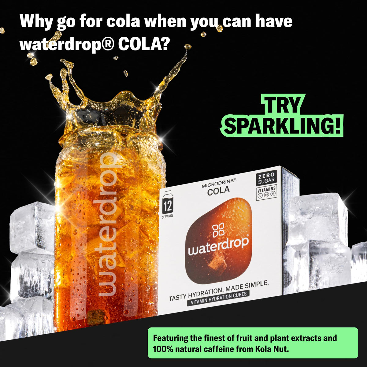 A glass of sparkling water with Waterdrop Cola cubes for refreshing zero-sugar hydration