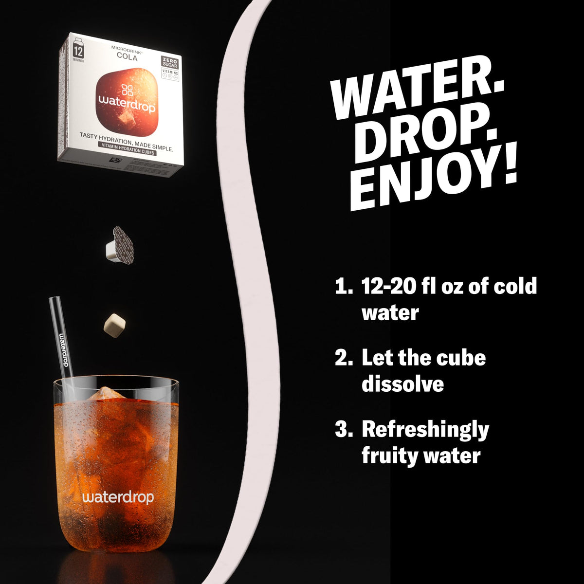 Close-up of Waterdrop Cola cubes showing vitamins and electrolytes for daily hydration support