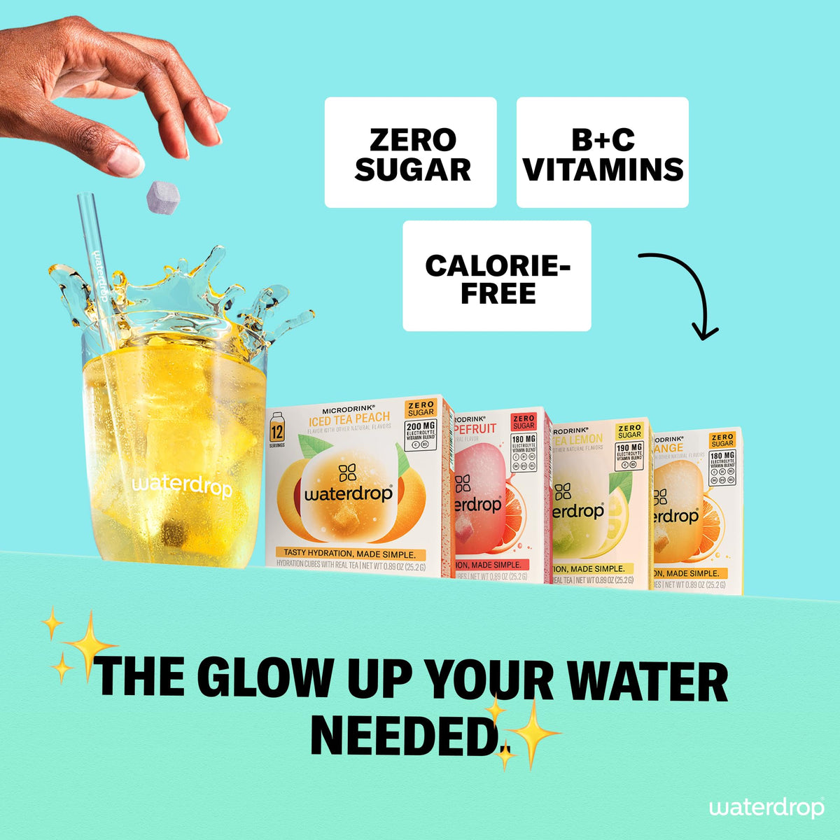 Waterdrop Hydration Cubes dissolving in a glass showing instant, mess-free hydration.