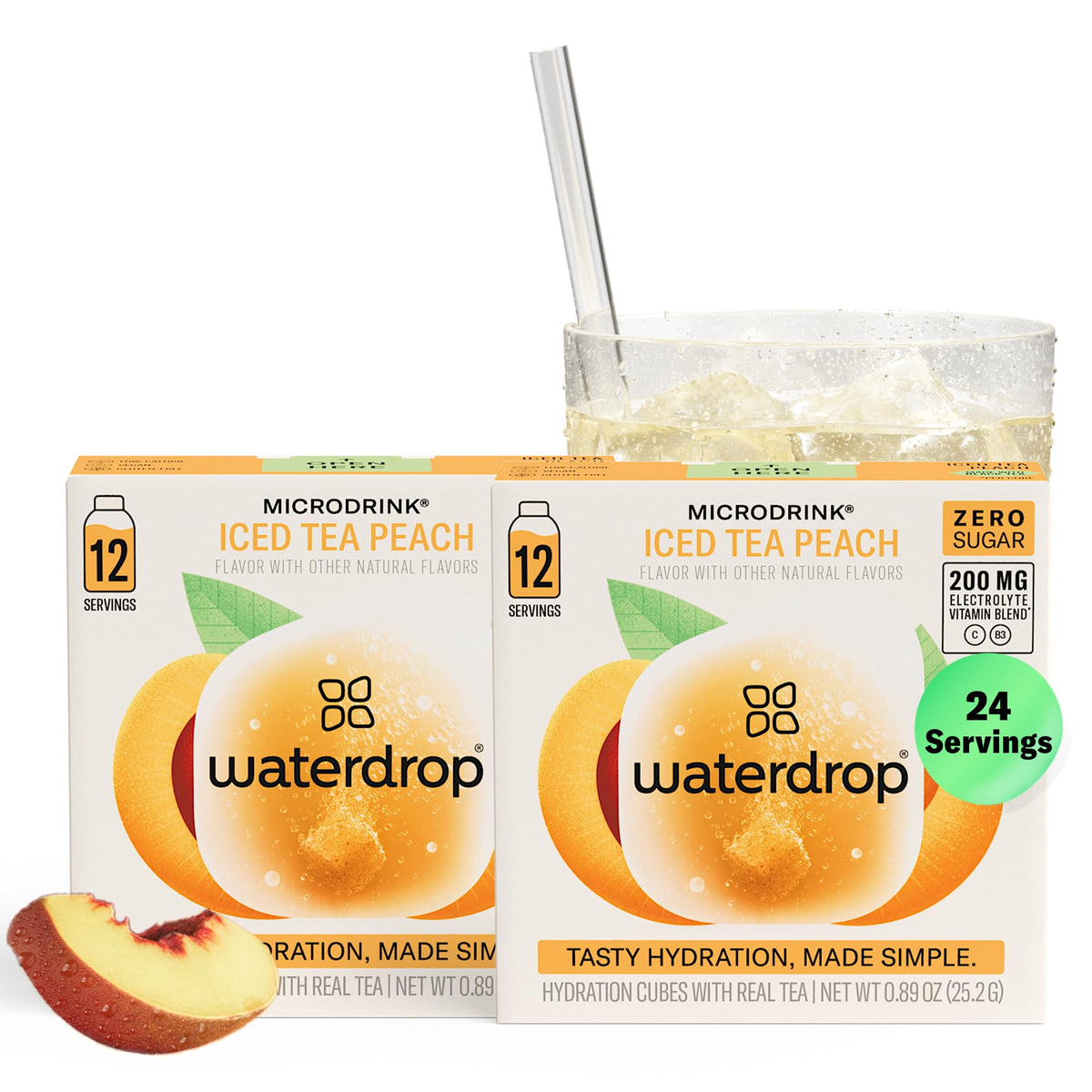 Waterdrop Hydration Cubes dissolving in peach tea for zero-sugar refreshment.