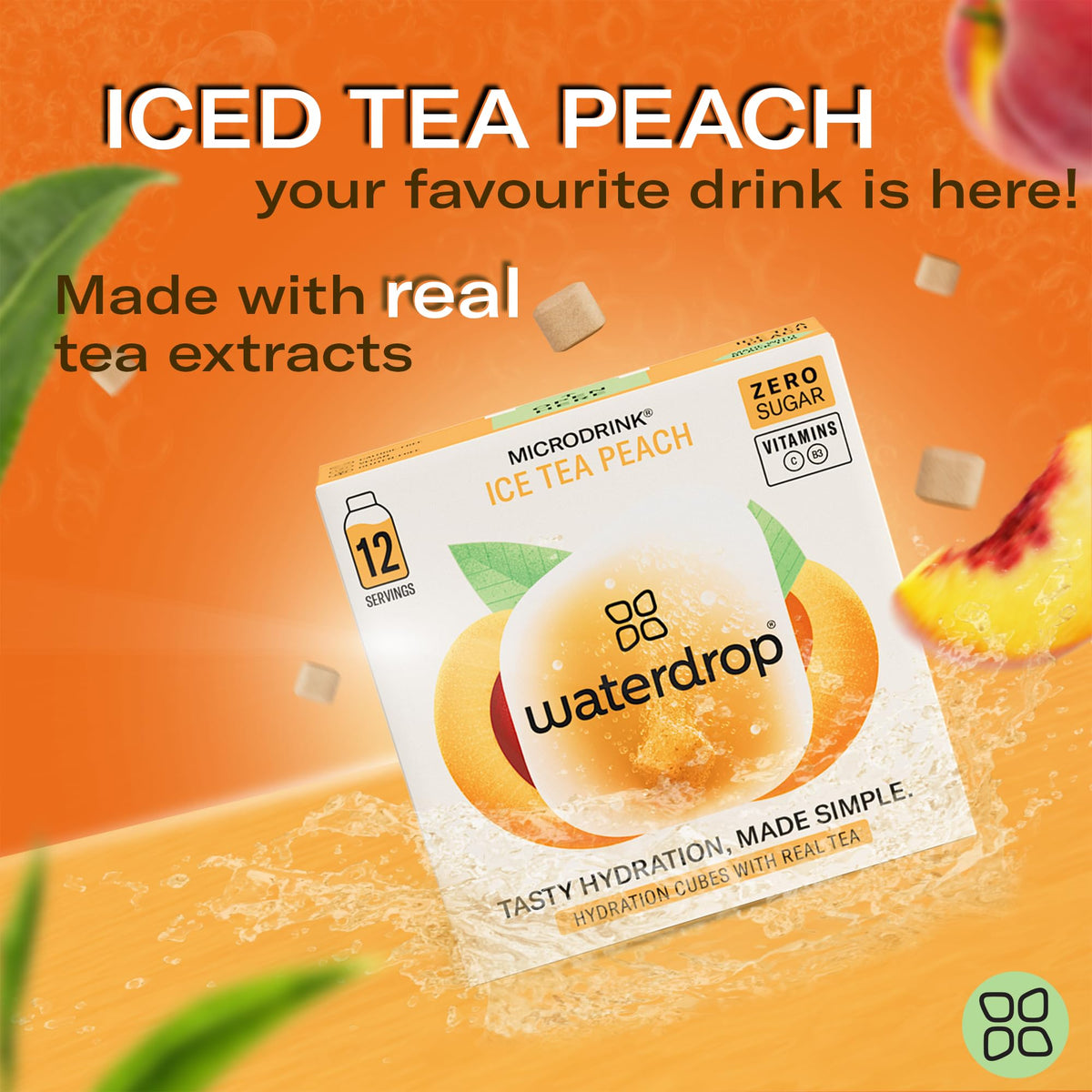 Waterdrop Hydration Cubes showing vitamin C and B3 for daily hydration.
