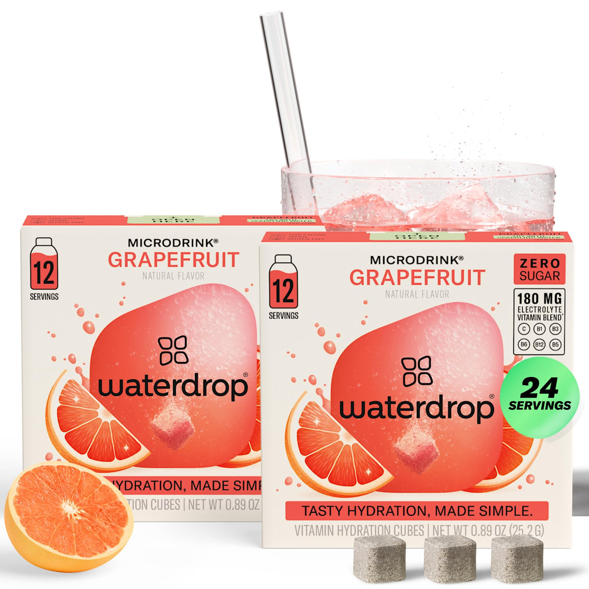 Waterdrop MICRODRINK grapefruit cubes dissolving in water for sugar-free hydration