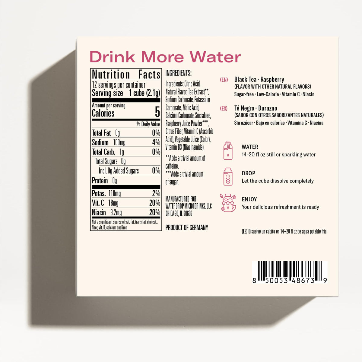 Hydration-friendly Waterdrop Microdrink cube for on-the-go lifestyles.