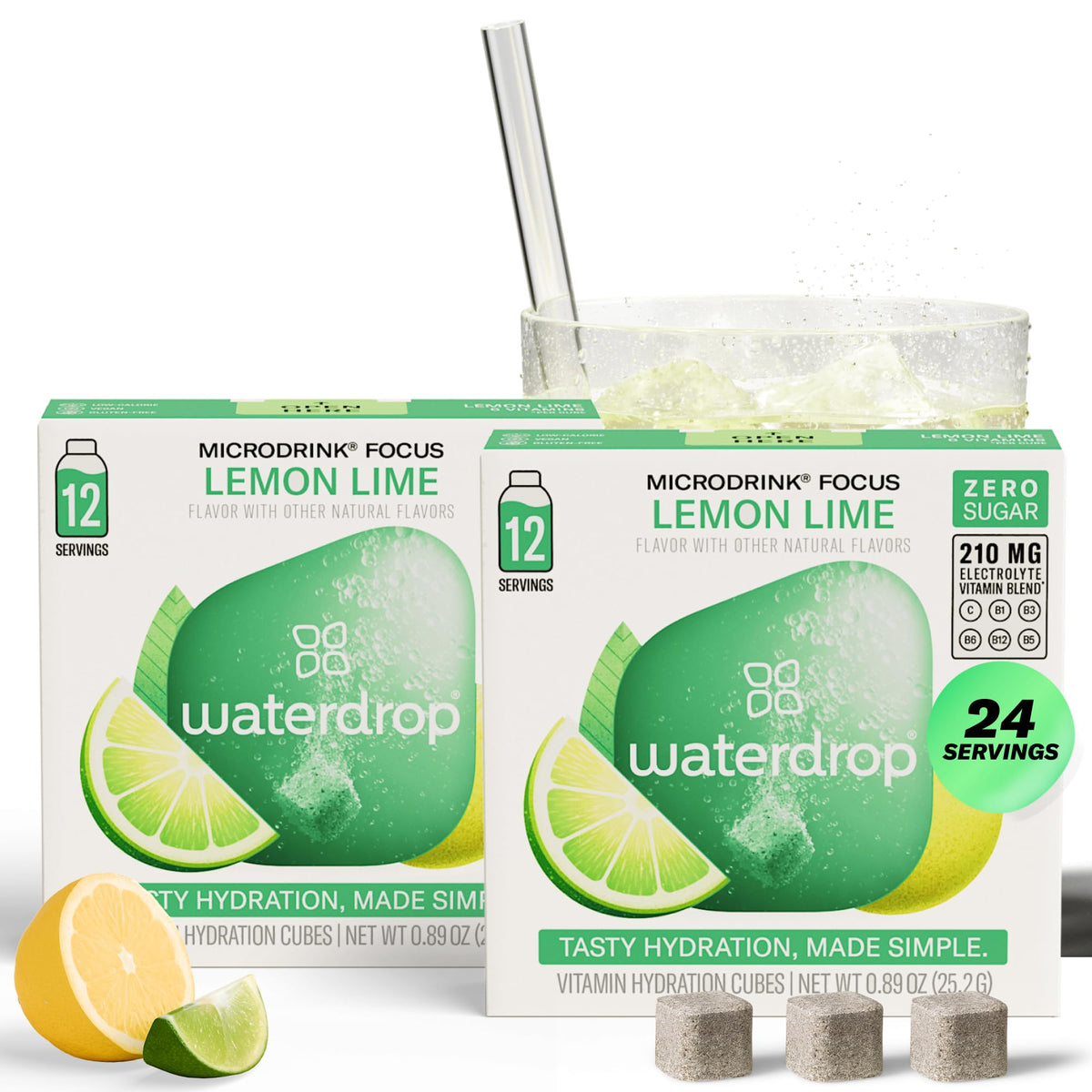 Waterdrop Microdrink hydration cubes in package show bright lemon-lime flavor for on-the-go hydration.