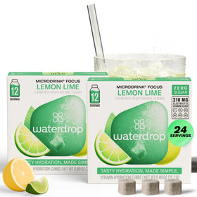 Waterdrop Microdrink hydration cubes in package show bright lemon-lime flavor for on-the-go hydration.