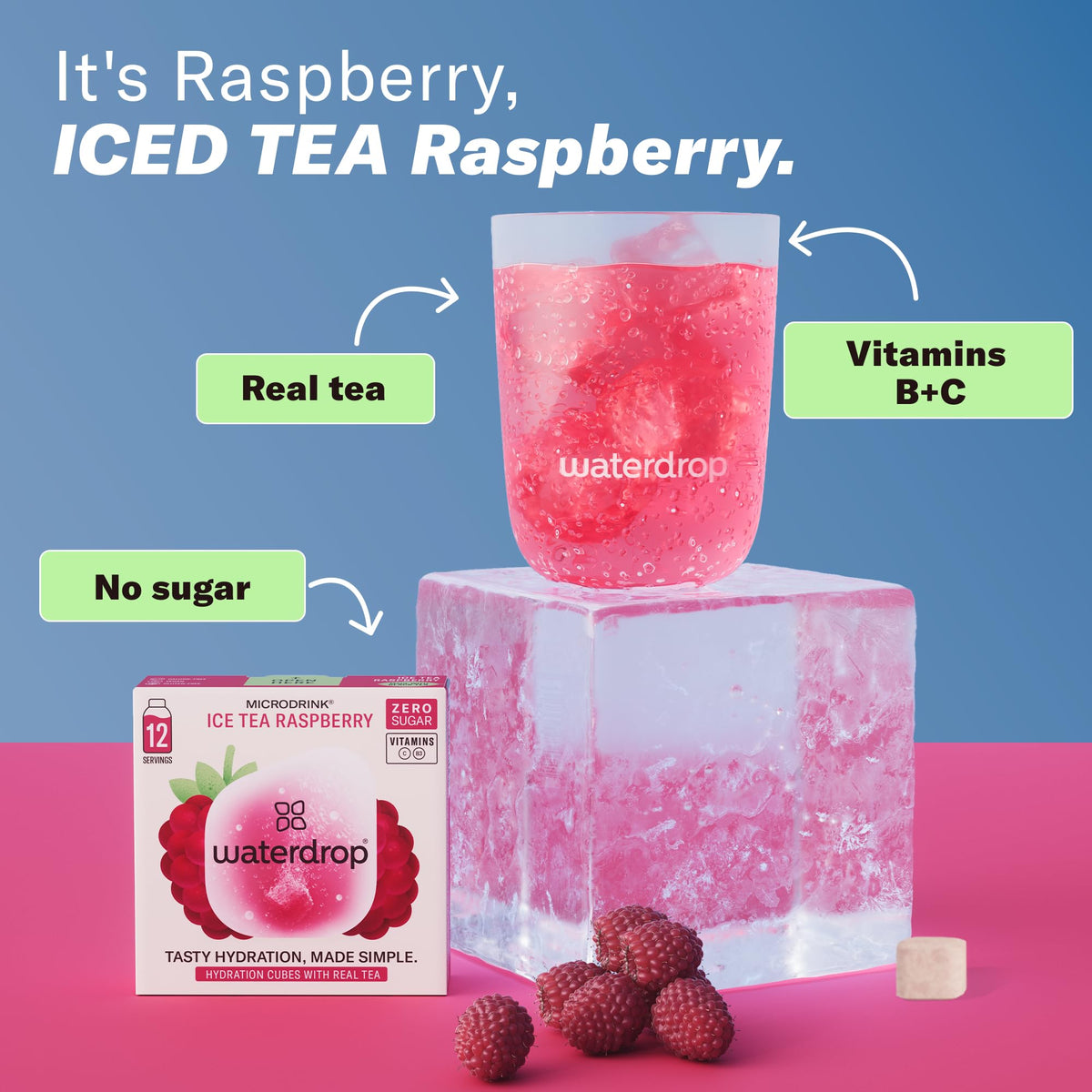 Waterdrop Microdrink mixed berry cube dissolving in glass for refreshing hydration.