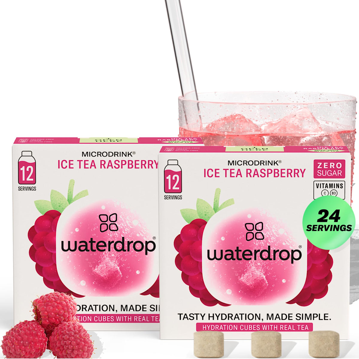 Waterdrop Microdrink Raspberry Iced Tea cube dissolving in water for flavorful hydration.