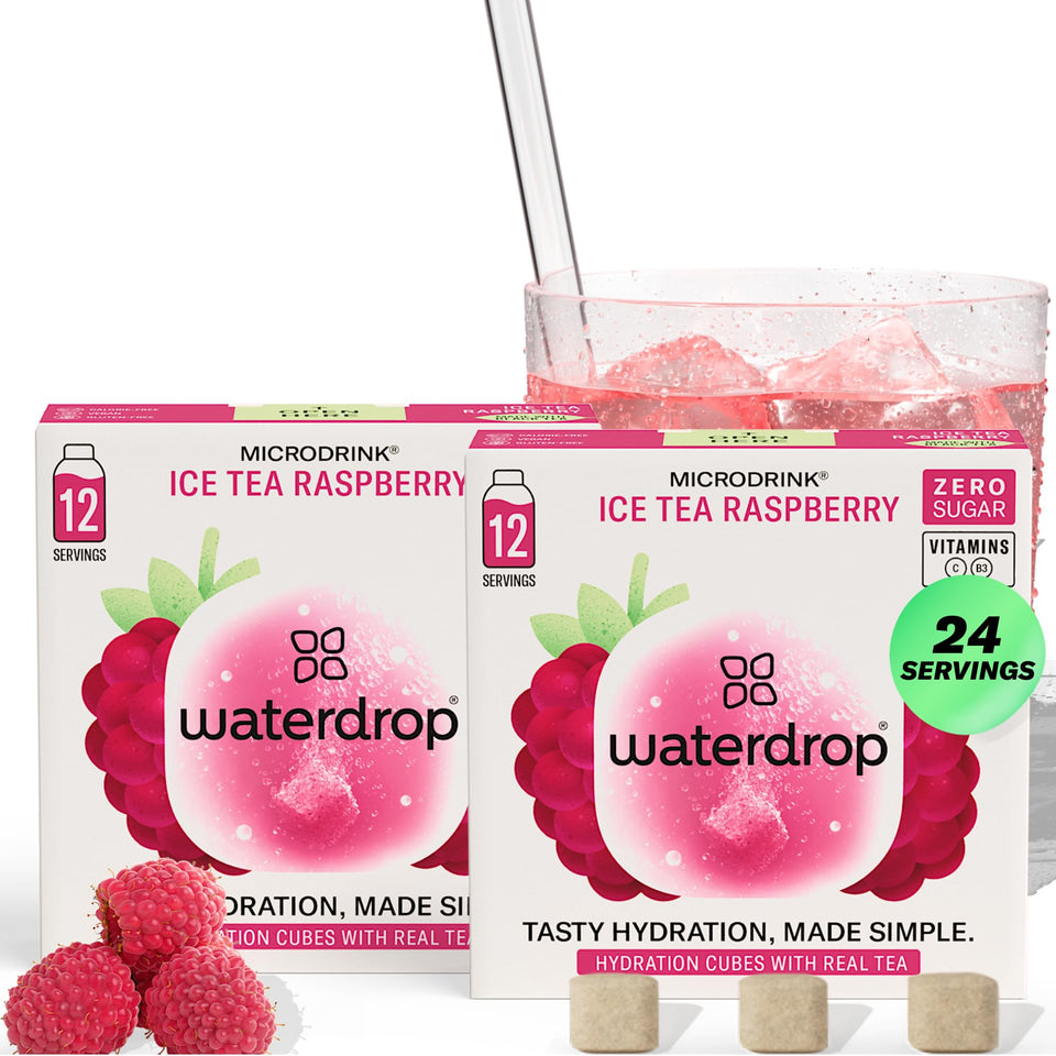 Waterdrop Microdrink Raspberry Iced Tea cube dissolving in water for flavorful hydration.