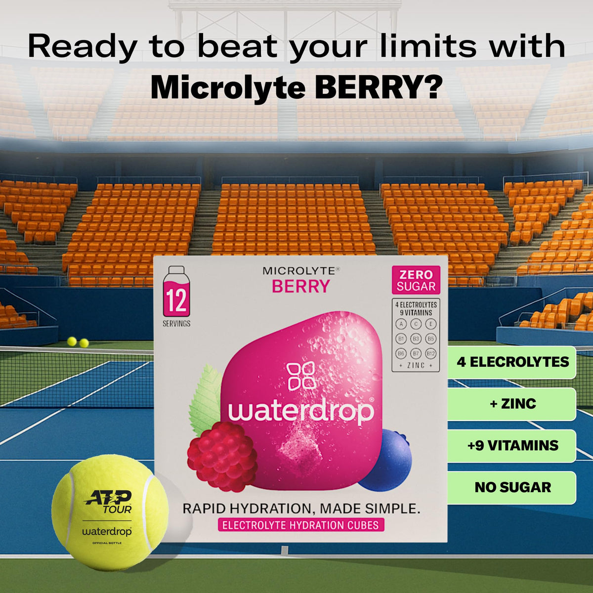 Waterdrop Microlyte Berry cube close-up with vibrant color signaling zero sugar hydration