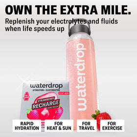 Microlyte strawberry cubes dissolving in water for fast hydration