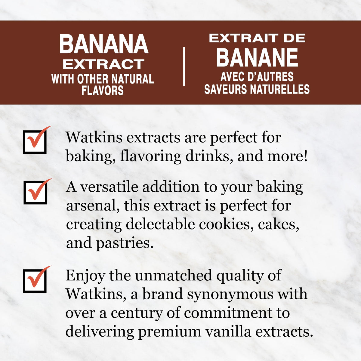 Watkins Banana Extract enhances desserts and drinks with natural banana notes.