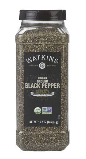 Watkins black pepper bottle shows premium organic seasoning for bold flavor