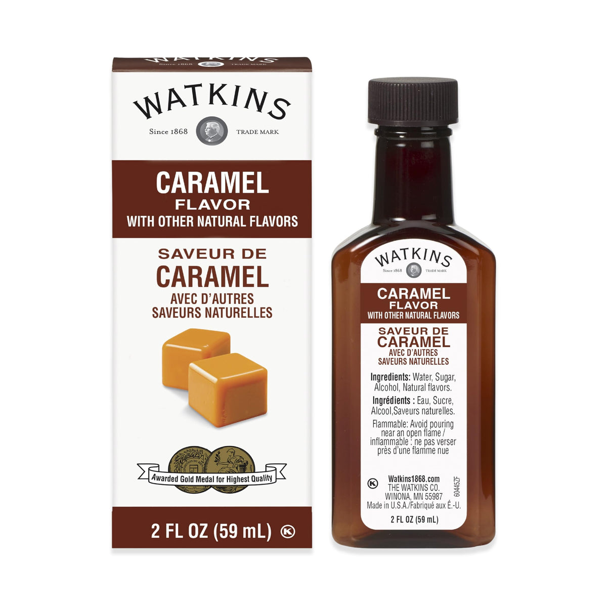 Watkins Caramel Flavor 2oz bottle shown for baking and drinks