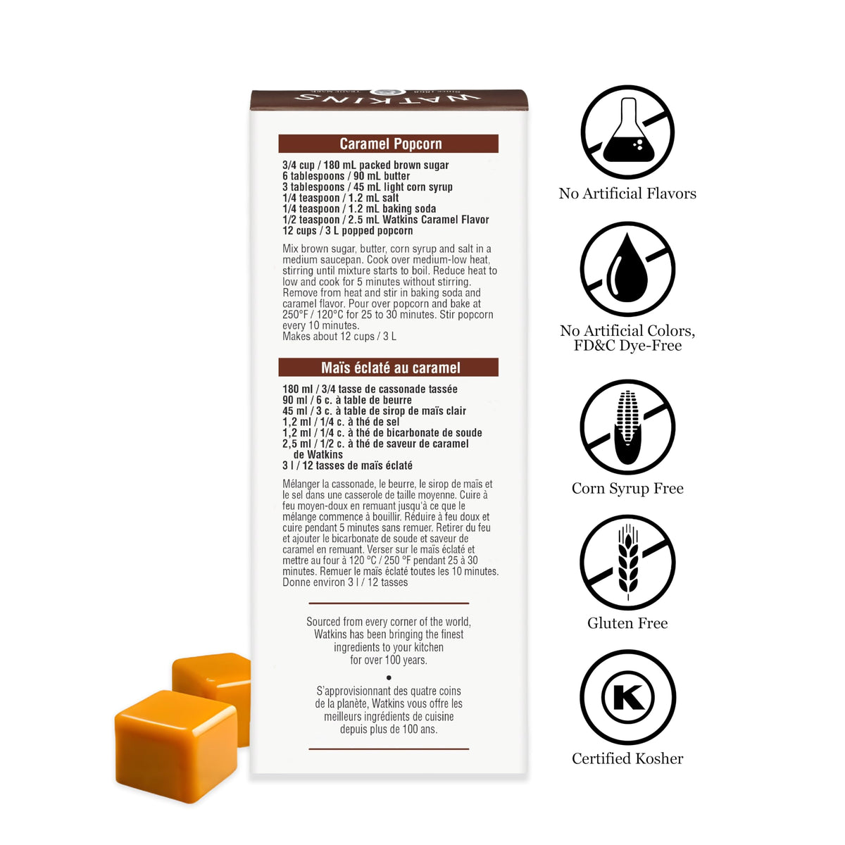 Watkins Caramel Flavor label closeup highlighting natural ingredients