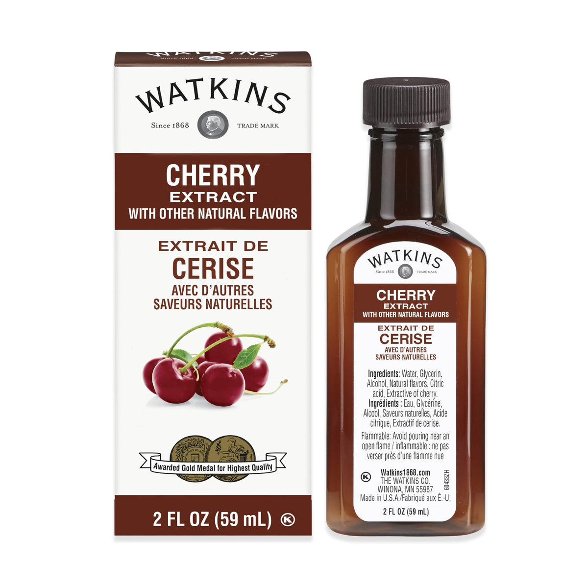 Watkins Cherry Extract bottle front showing natural flavor for baking and drinks