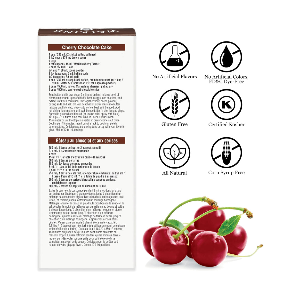 Watkins Cherry Extract bottle label highlights natural ingredients and kosher certification