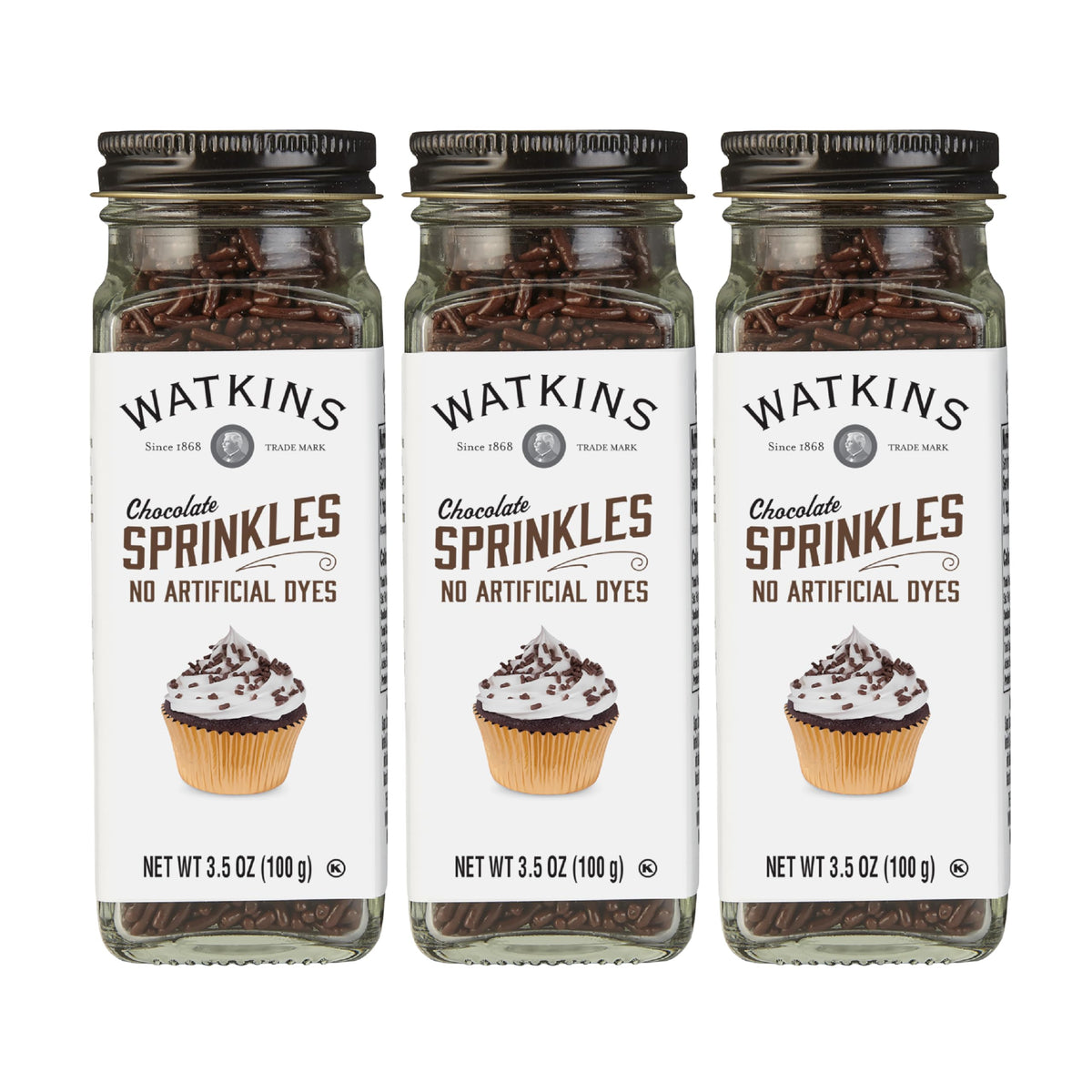 Watkins chocolate decorating sprinkles illuminate cupcakes with vibrant, dye-free color.