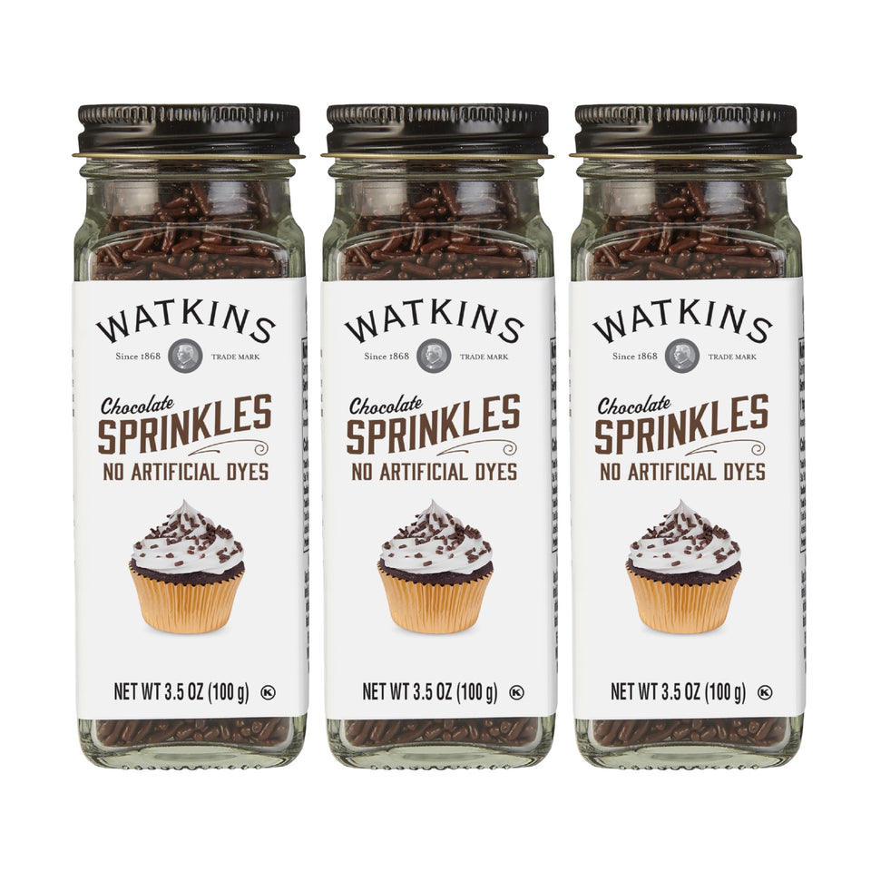 Watkins chocolate decorating sprinkles illuminate cupcakes with vibrant, dye-free color.