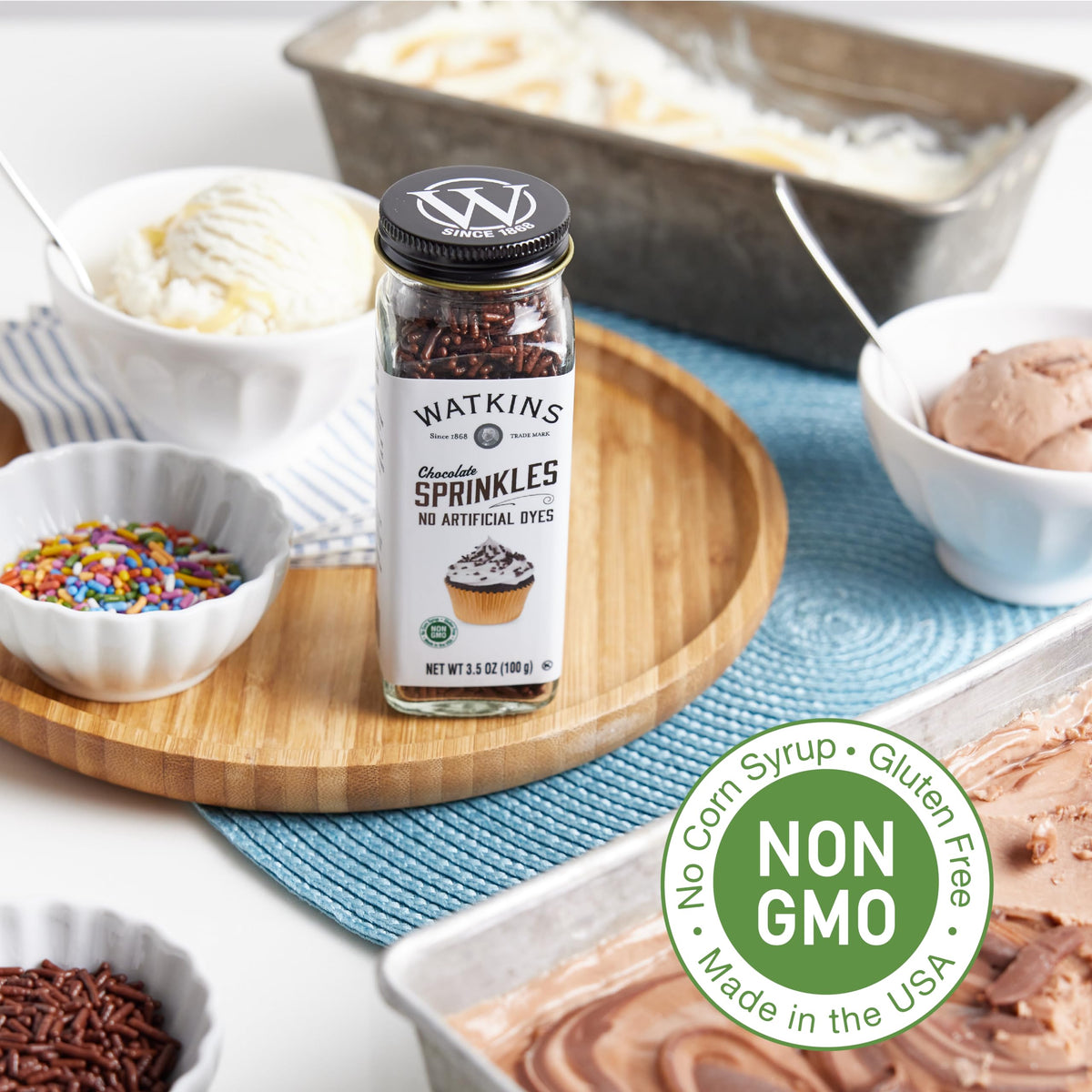 Watkins chocolate sprinkles close-up shows rich color with no corn syrup.