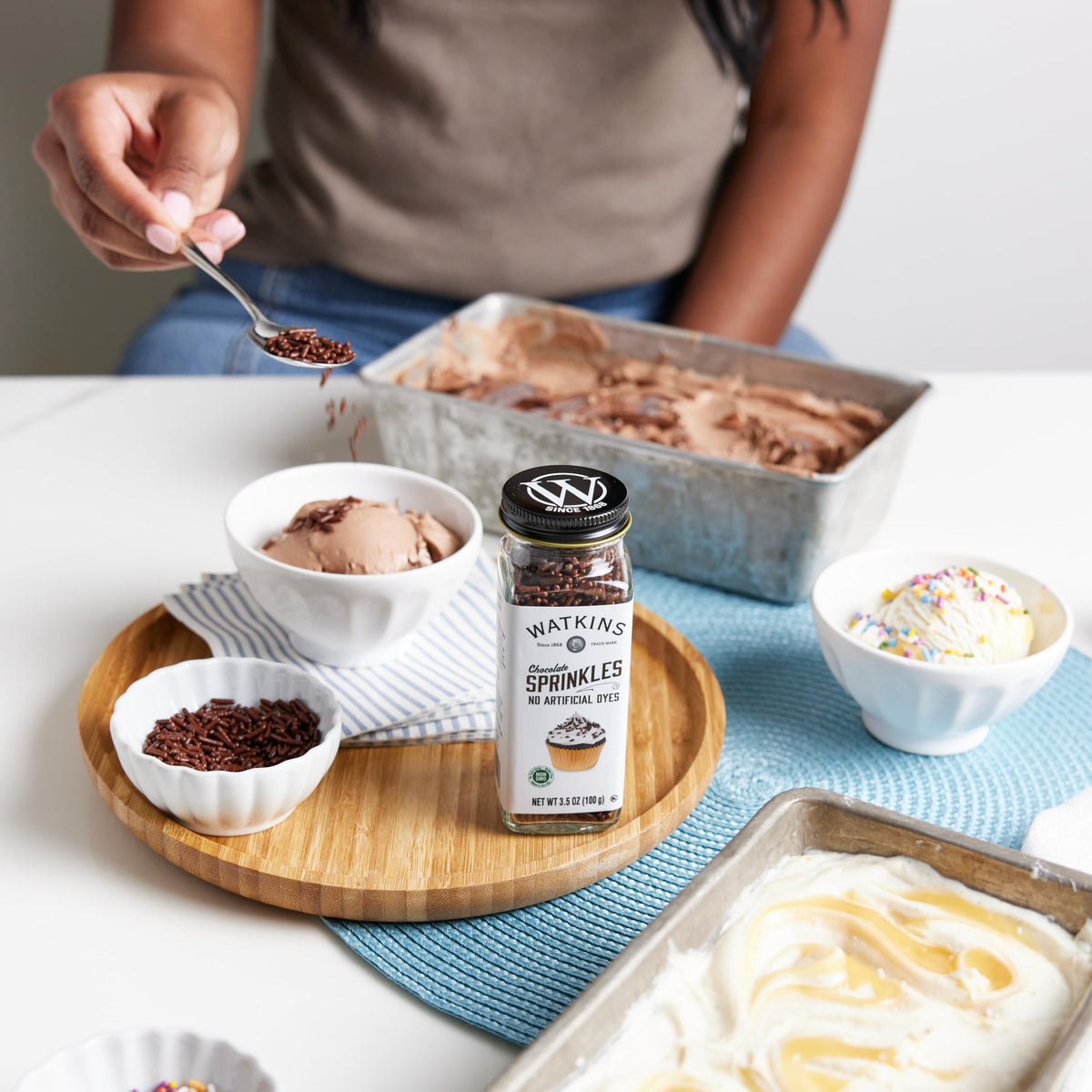 Watkins chocolate sprinkles pack shown from top view offers convenient, multi-use topping.