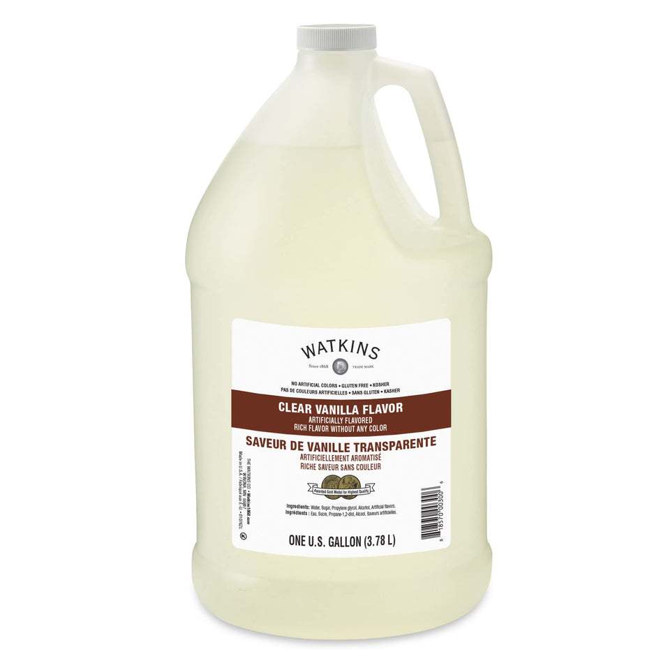 Watkins Clear Vanilla 1gal bottle shines with color-free flavor for pure baking.