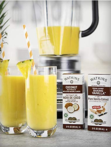 Watkins Coconut Extract bottle on kitchen counter ready to flavor desserts