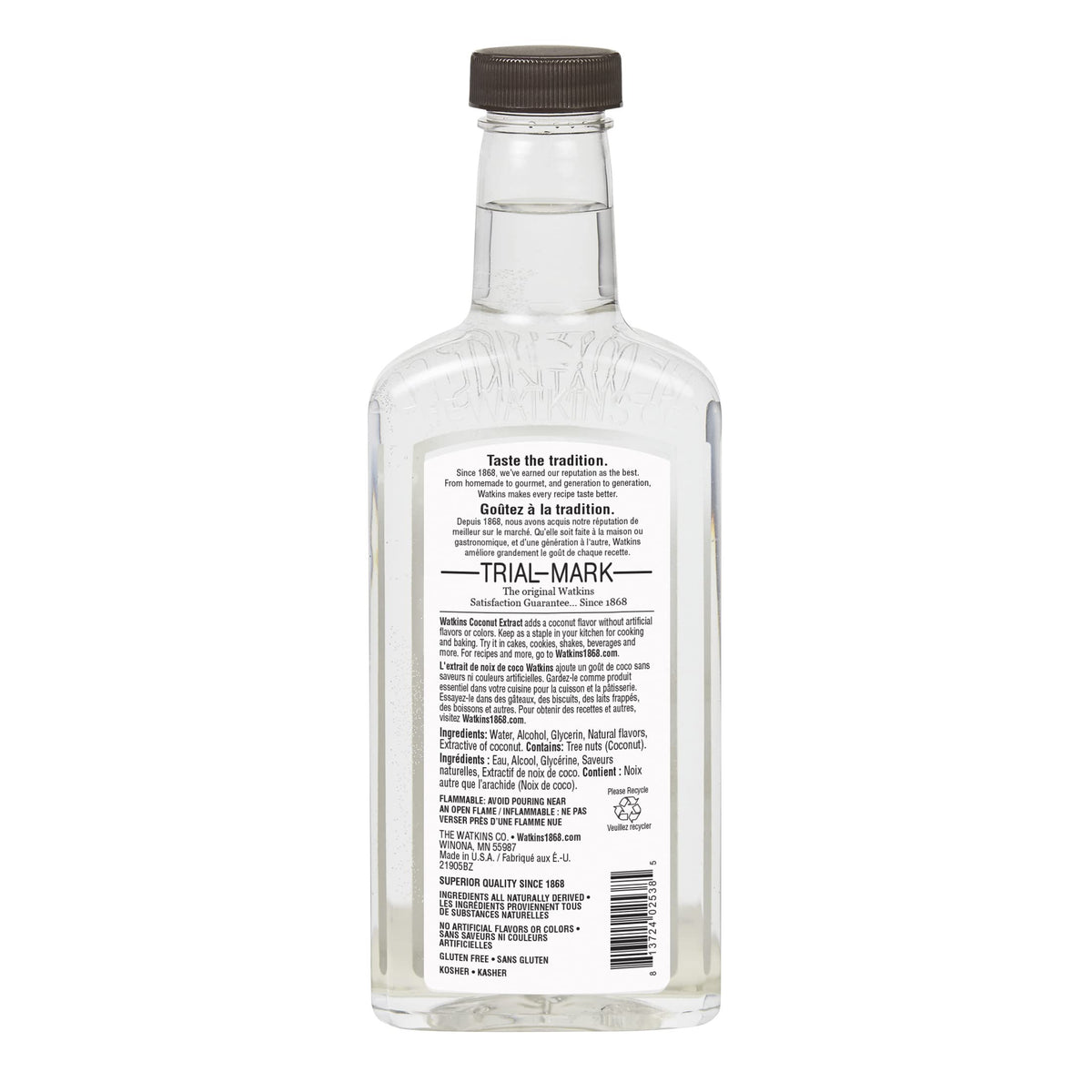 Watkins Coconut Extract label closeup highlighting pure ingredients and no artificial flavors