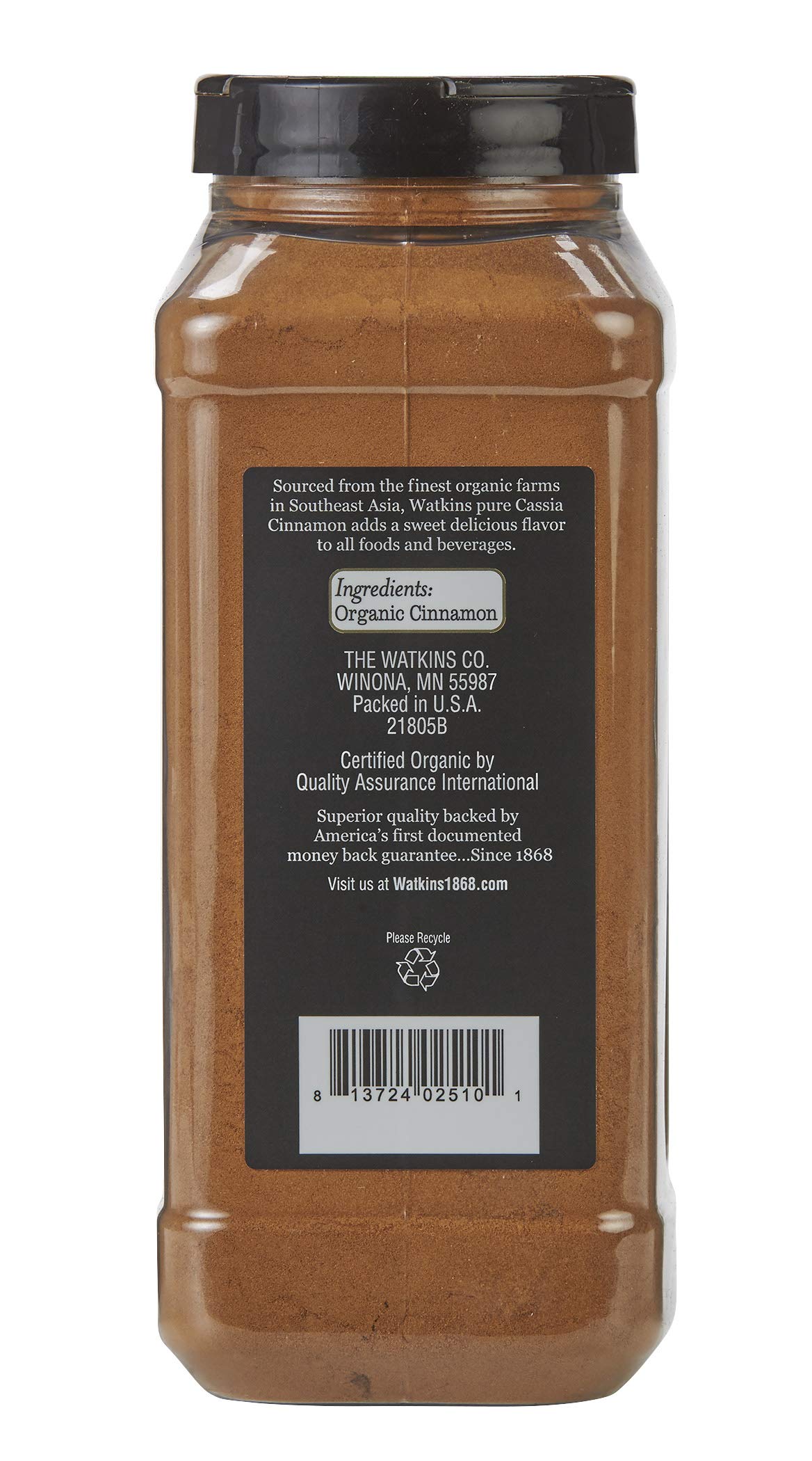 Watkins gourmet spice cinnamon bottle close-up with premium organic labeling.