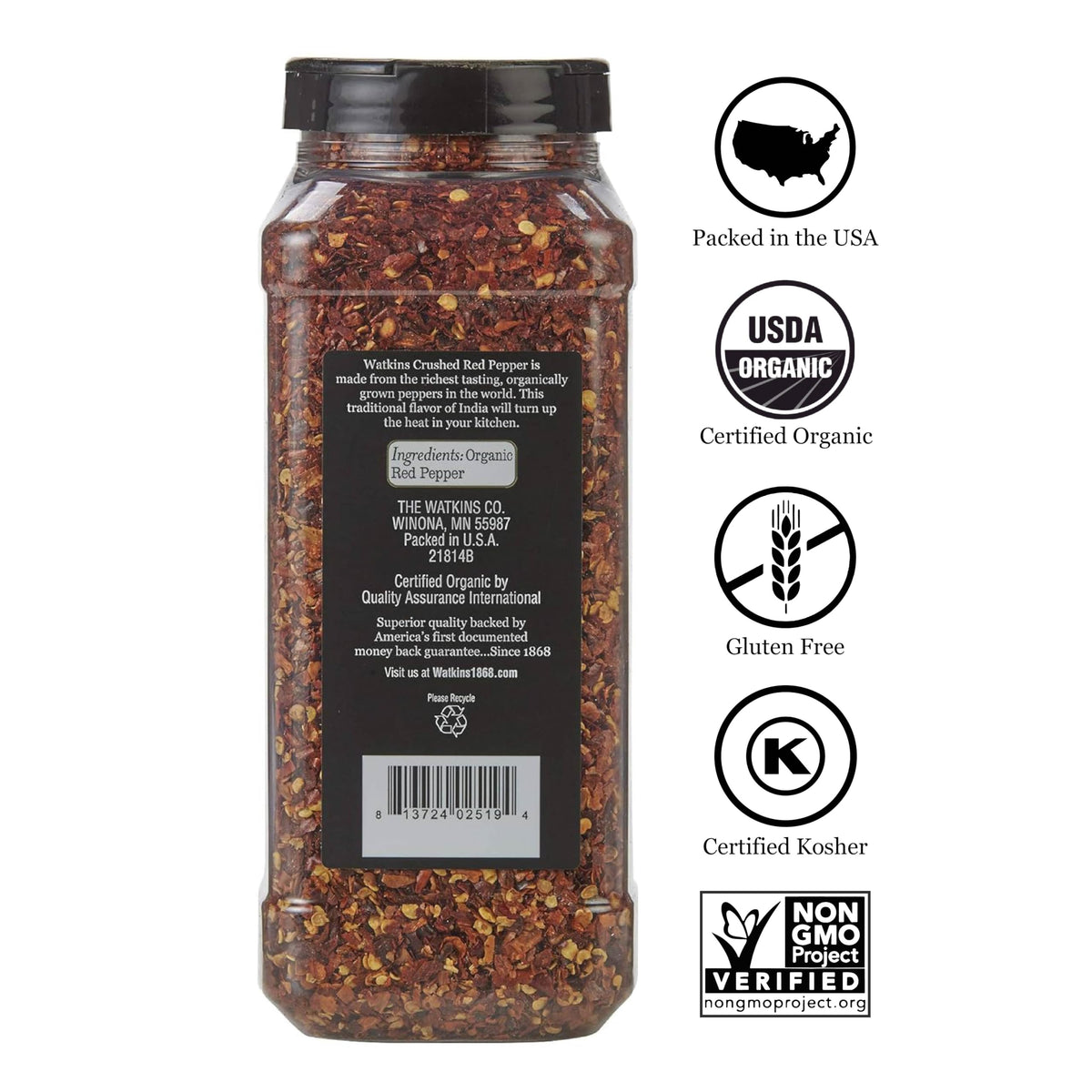 Watkins organic crushed red pepper close-up highlights gold medal quality.