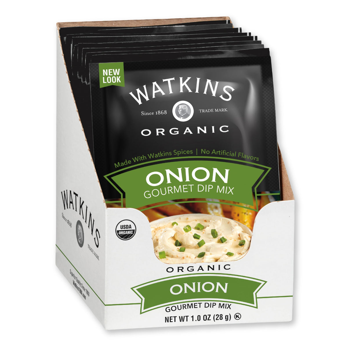 Watkins Organic Onion Dip Mix packaging with single-use pouches for easy prep