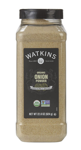 Watkins Organic Onion Powder bottle adds savory flavor to soups and gravies.