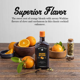Watkins Orange Bitters in a cocktail glass boosts aroma and balance