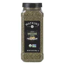 Watkins Organic Oregano bottle front shows premium spice for pasta and sauces.