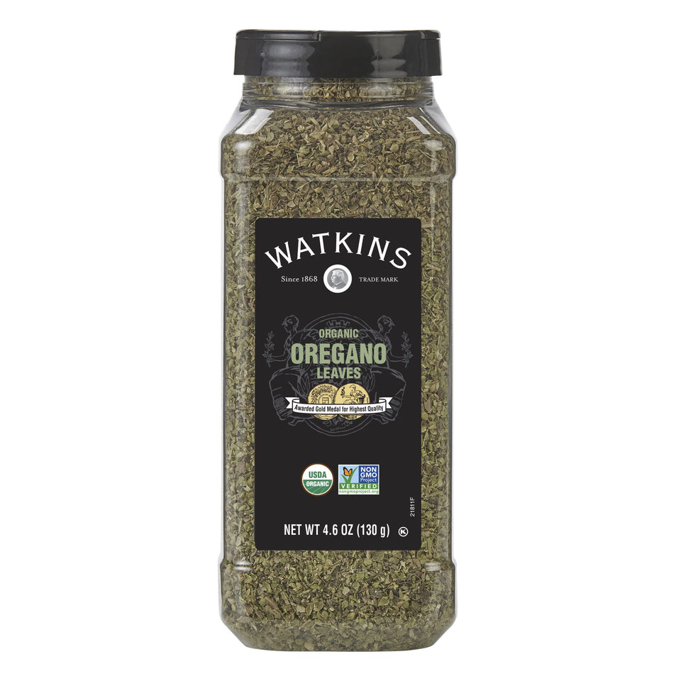 Watkins Organic Oregano bottle front shows premium spice for pasta and sauces.