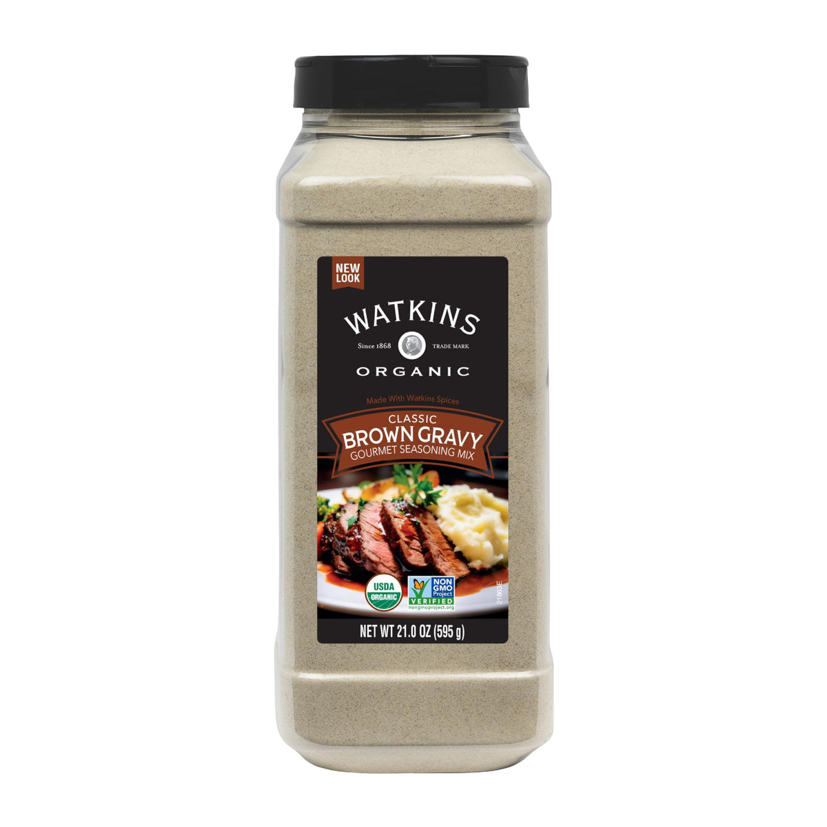 Watkins Organic Brown Gravy Seasoning Mix bottle close-up for rich gravies.