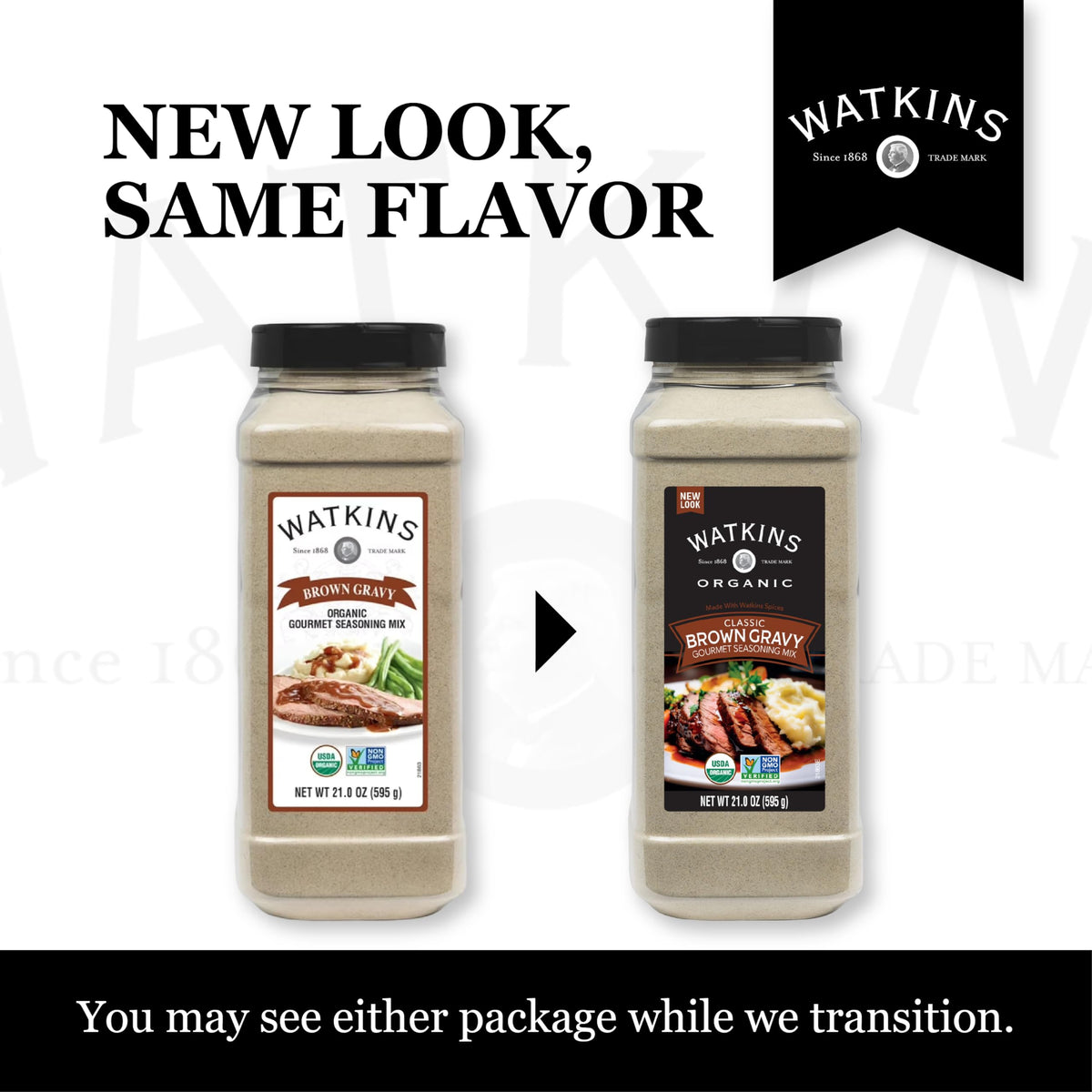 Watkins Organic Brown Gravy Seasoning Mix dish image ready to pour over meats.