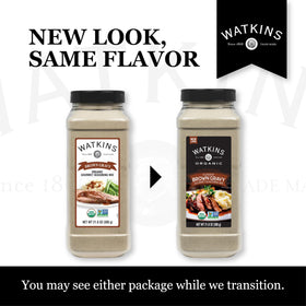 Watkins Organic Brown Gravy Seasoning Mix dish image ready to pour over meats.