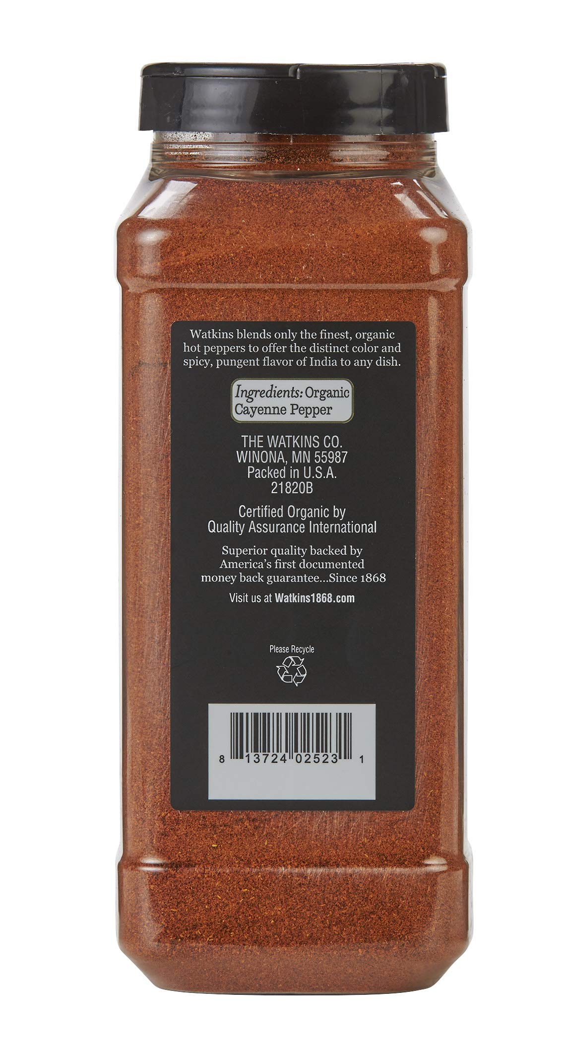 Watkins Organic Cayenne Pepper front label highlights flavor and certifications.