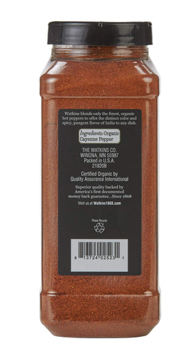 Watkins Organic Cayenne Pepper front label highlights flavor and certifications.