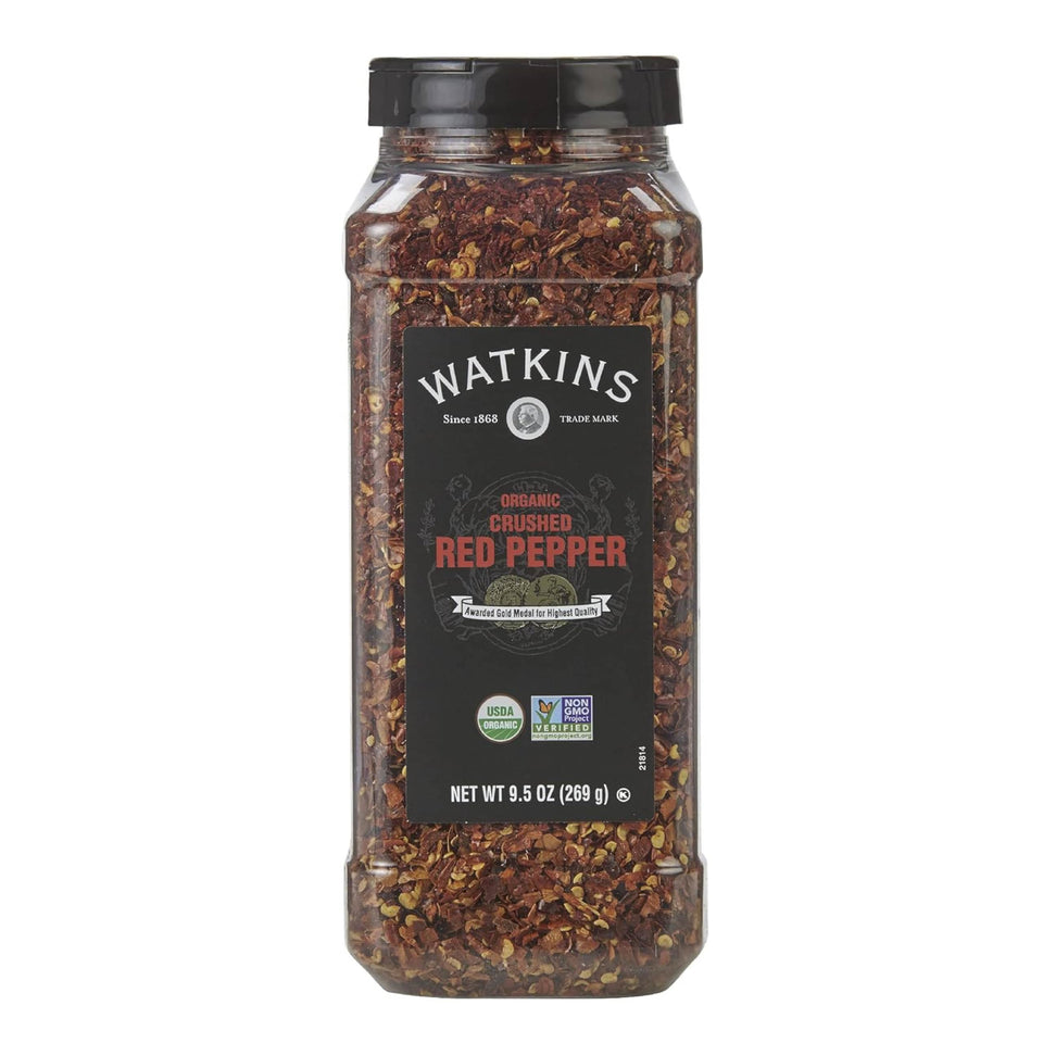 Watkins organic crushed red pepper bulk flakes enhance sauces with heat.