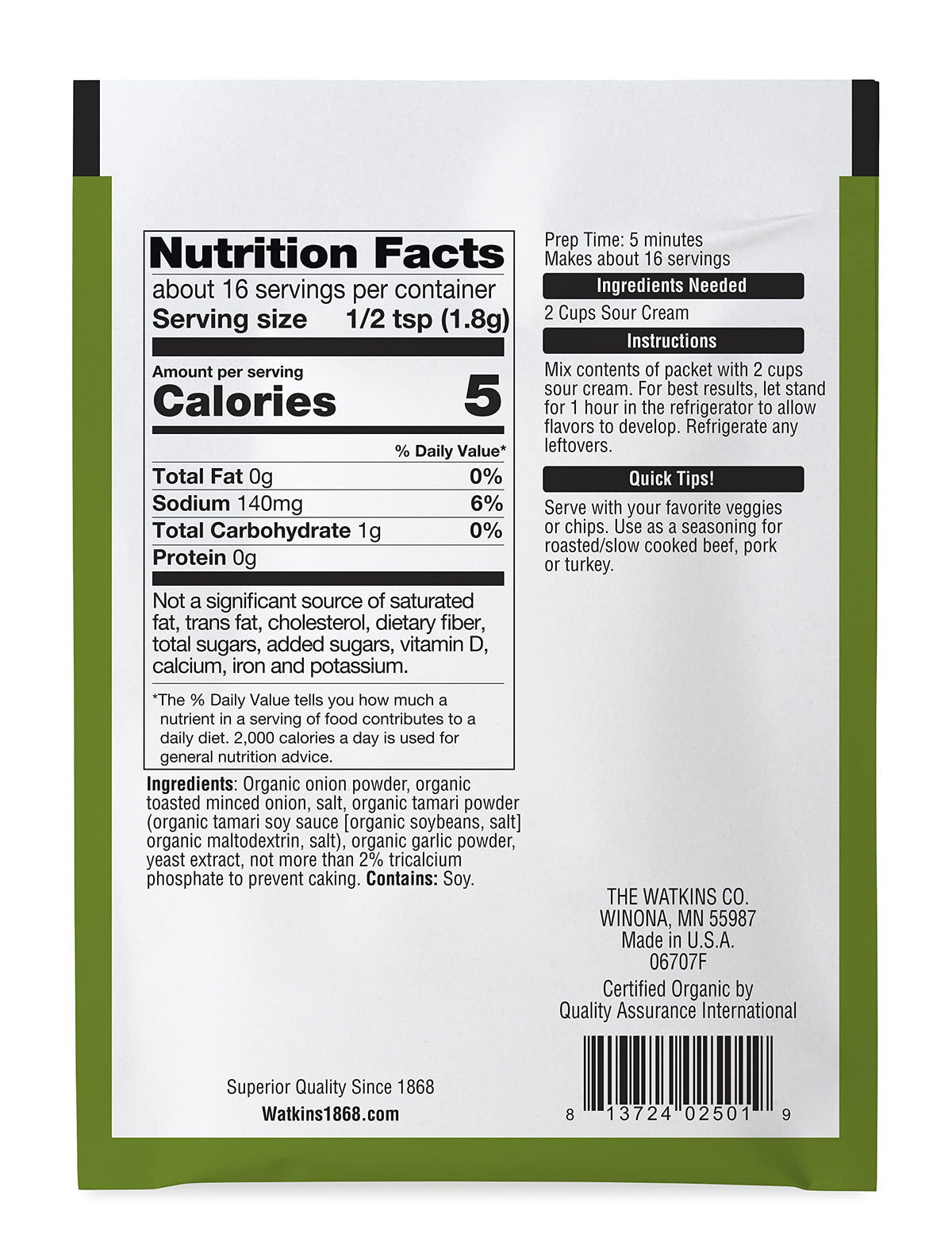 Watkins Organic Onion Dip Mix used as vegetable dip option for snacking