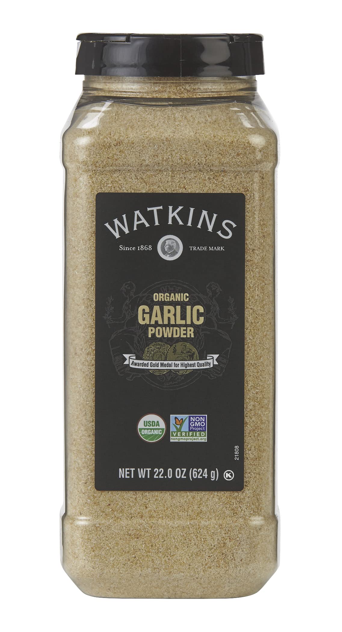 Watkins Organic Garlic Powder bottle front view, enhances everyday cooking flavor.