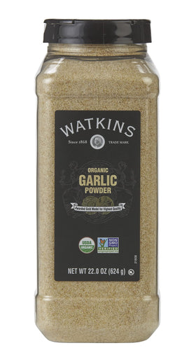 Watkins Organic Garlic Powder bottle front view, enhances everyday cooking flavor.