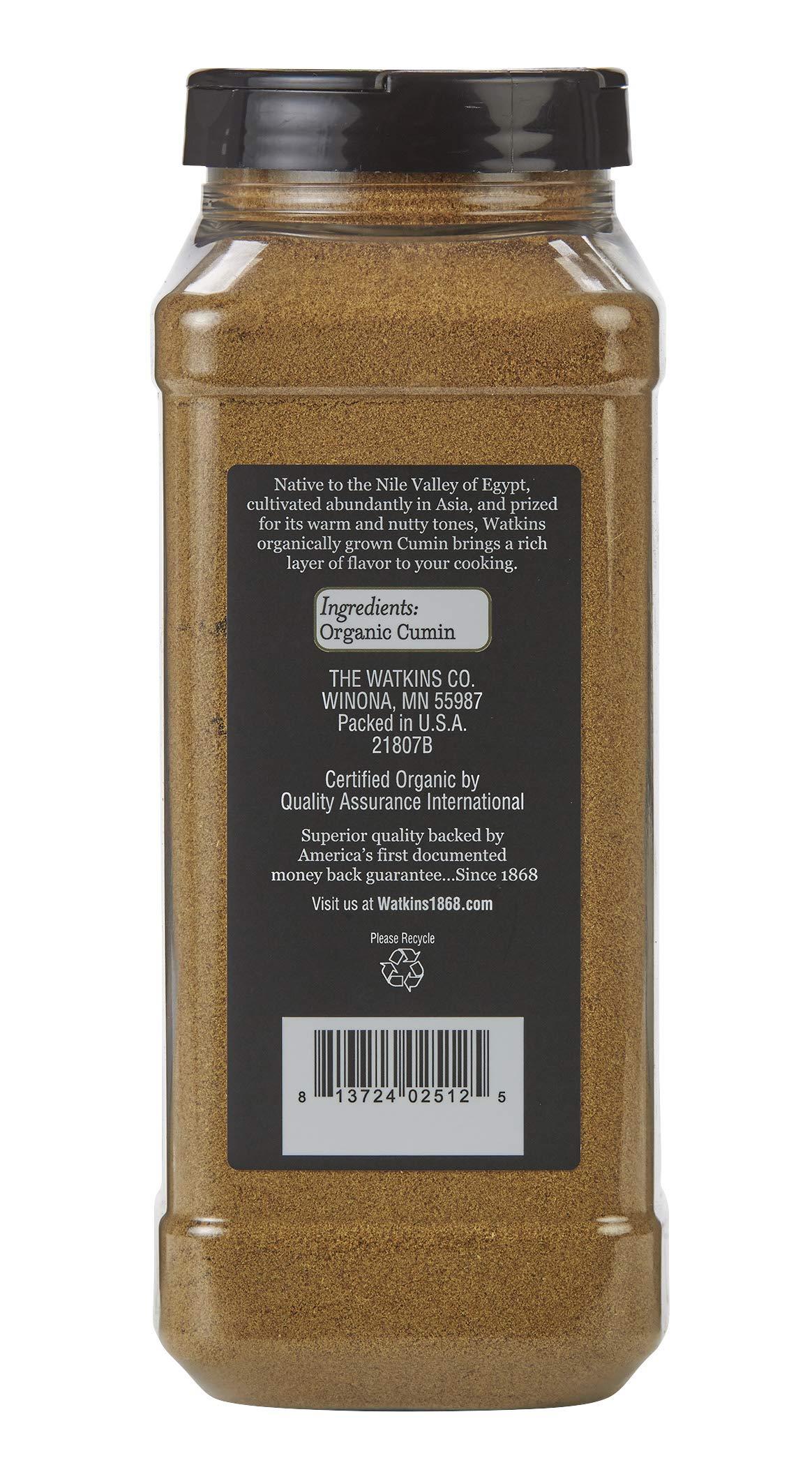 Watkins Organic Ground Cumin jar label showing organic and kosher certifications