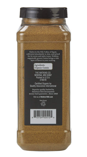 Watkins Organic Ground Cumin jar label showing organic and kosher certifications