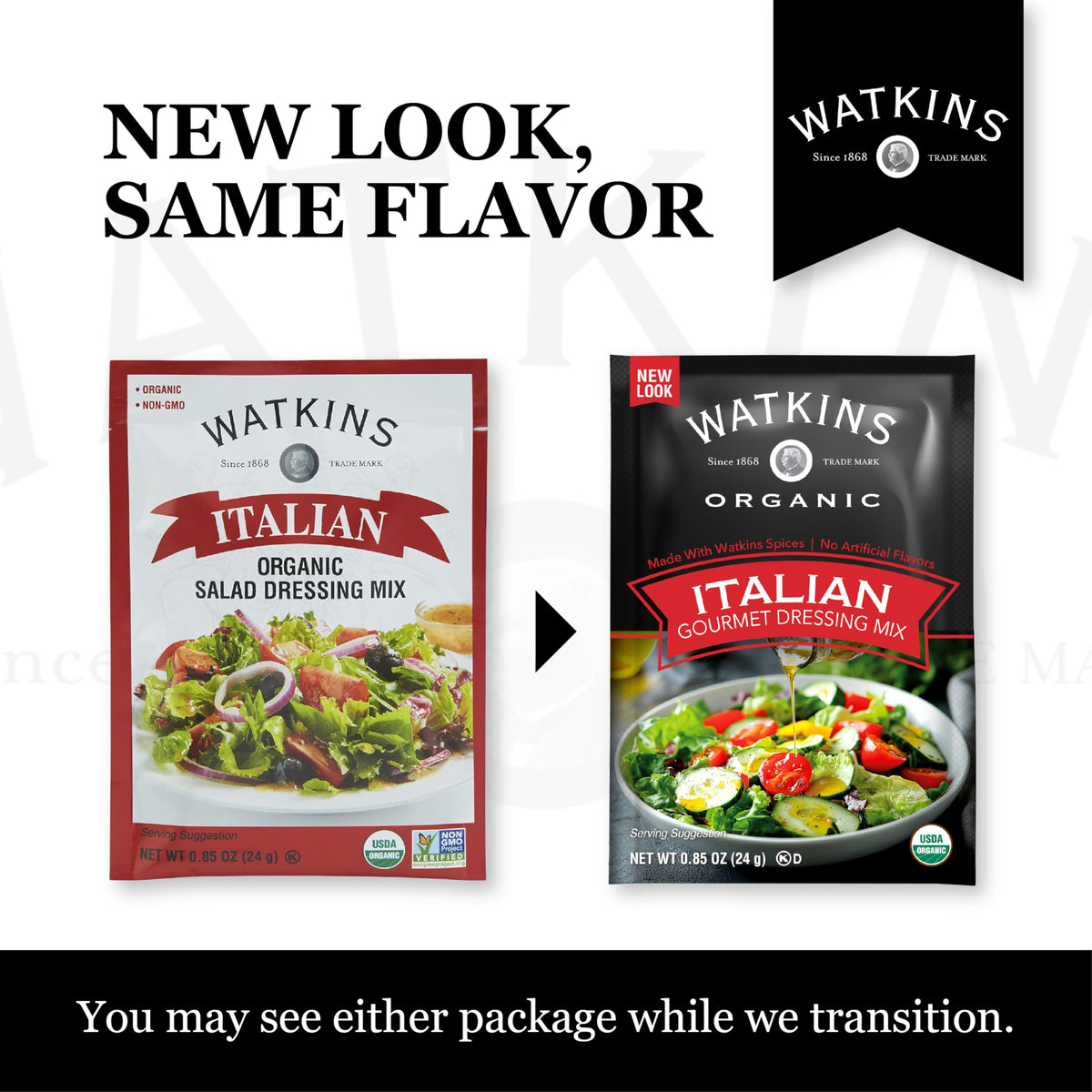Display of Watkins Organic Italian Dressing Mix 12-pack on a kitchen shelf.