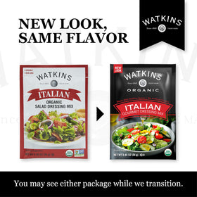 Display of Watkins Organic Italian Dressing Mix 12-pack on a kitchen shelf.